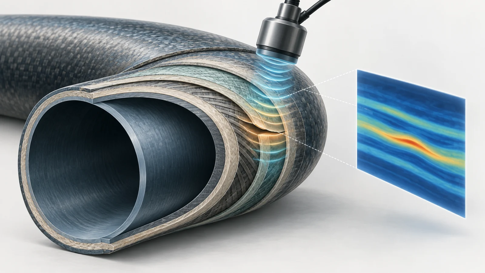 Cutaway of a curved layered composite pipe showing a hidden separation and an inspection signal beside a modeled scan.