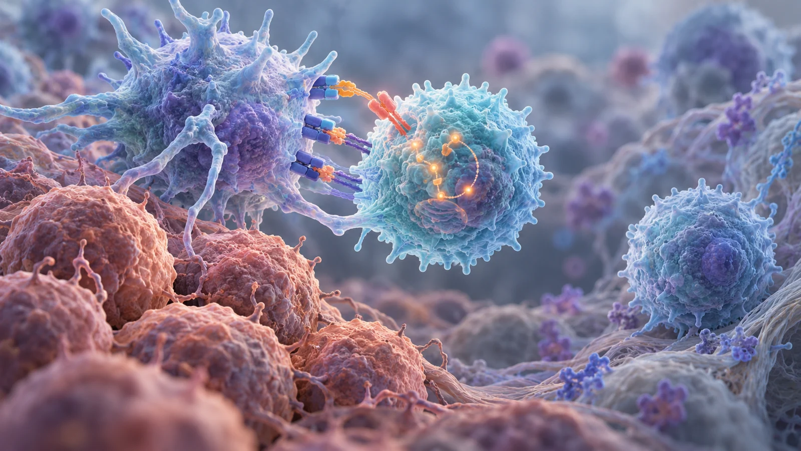 An activated T cell receives an OX40 boost beside an antigen-presenting cell and tumor cells.