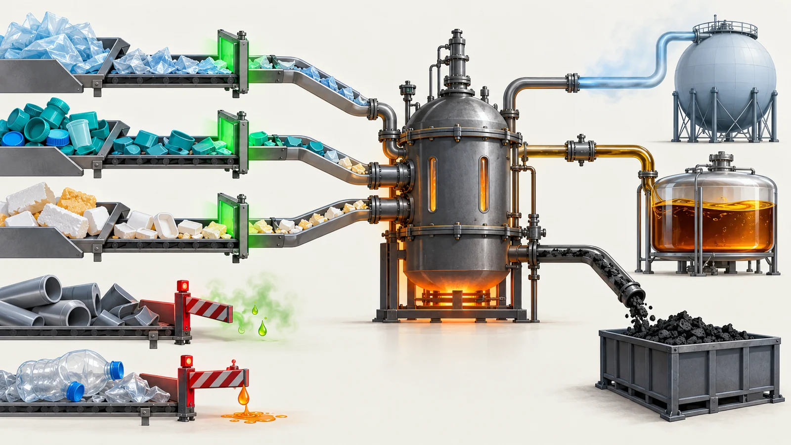 Sorted common plastics enter a heated reactor, while separate PVC and PET streams show chlorine and acid challenges.