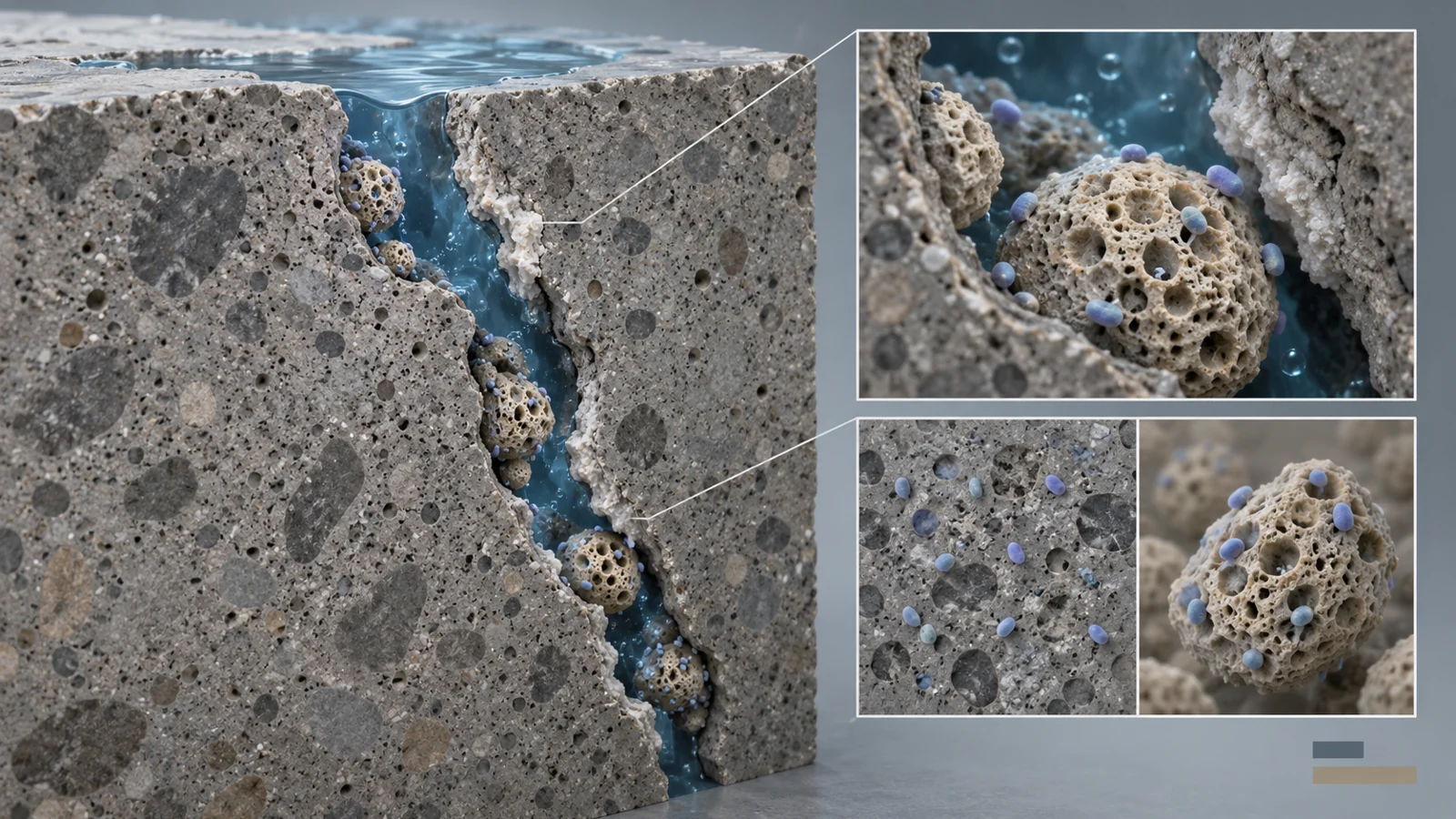 Schematic cutaway of wood-ash particles carrying bacterial spores beside mineral deposits in a water-exposed mortar crack